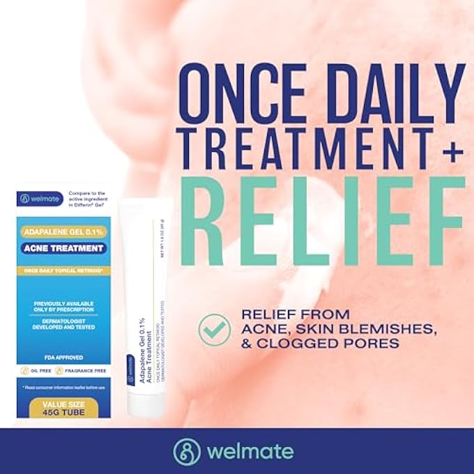 WELMATE - ADAPALENE GEL 0.1% (2 PACK) ACNE TREATMENT - ONCE DAILY TOPICAL RETINOID - OIL FREE - FRAGRANCE FREE - PREVIOUSLY PRESCRIPTION ONLY - VALUE SIZE - OVER-THE-COUNTER MEDICATION - SKIN CARE - Image 2